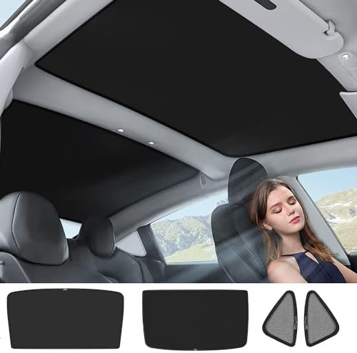 Ywooon Sunroof Sunshades for Tesla Model 3 2018-2024 2025 Highland Front & Rear Glass Roof Sunshade UV Rays Protection Roof Tesla Window Sun Protection Foldable, Black (Produced from China)