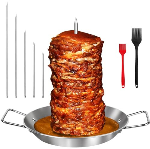 Al Pastor Skewer for Grill - Barbecue Stand Stainless Steel 10 Inch Base Pan, with Vertical Spikes (6,8,10,12,14) & Brushes, for Shawarma Taco Kebabs Chicken Smoker Oven Gyro BBQ Dishes