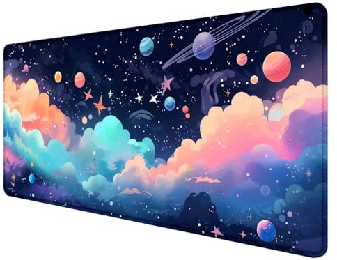 HUOCAIREN Anime Space Scene Desk Pad, Blue Pastel Galaxy Large Mouse Pad XL Cute Cosmos Desk Mat, Aesthetic Stars Clouds and Planets Extended Mousepad, Game Mat, 89.9 cmx40.9 cm