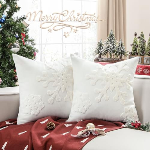 Lewondr Kissenbezug, 2 Pack Quadratische Dekokissen Hülle mit Schneeflockenmuster, Weihnachten Dekorative Zierkissenbezüge für Sofa Auto Home Schlafzimmer, 40 x 40 cm - Weiß