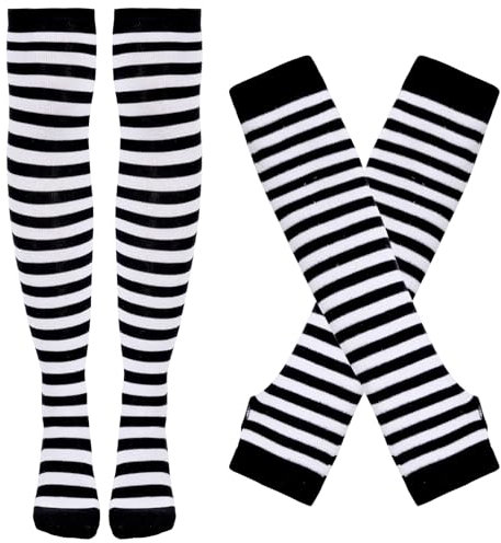 Damen Gestreifte Kniestrümpfe, Thigh Highs Socken Lange Strickhandschuhe Socken Set für Party Kostüm (DE/NL/SE/PL, Alphanumerisch, Einheitsgröße, Regular, Regular, Schwarz und Weiß gestreift)
