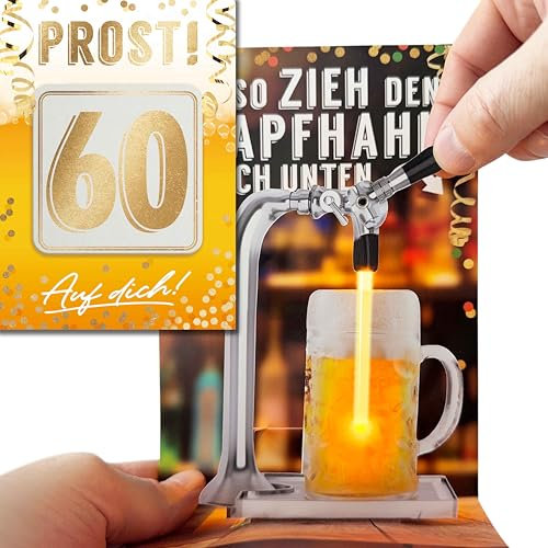 bentino 3D-PopUp Geburtstagskarte zum Bierzapfen, spektakulärer Effekt mit beweglichem Zapfhahn, Karte zum 60. Geburtstag