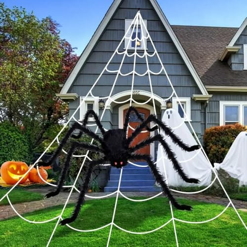 Boolavard 2-teiliges Halloween-Dekorationsset: 5,08 Meter dreieckiges Spinnennetz und 119,38 cm riesige künstliche Spinnen – perfekt für Partys drinnen, draußen, im Garten und im Spukhaus