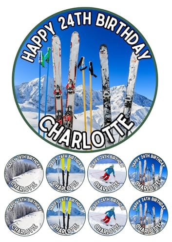 Edible 7 round Skiing Personalised cake topper and 8 x 2 cupcake toppers Premium icing paper - roulette