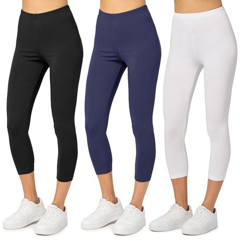 Merry Style 3er Pack Damen Leggings 3/4 aus Baumwolle mit Stretch – Leichte Capri Leggings Damen aus atmungsaktiver, elastischer Baumwolle, ideal für Yoga Sport MS10-199 (Schwarz/Navy/Weiß, XL)
