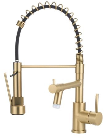 Warmiehomy LED Professionell Wasserhahn Küche,360° Schwenkbar Küchenarmatur mit Zwei Auslauf,Hoher Bogen Spiralfeder Brause Armatur Küche für Spültischarmatur,Gold