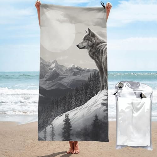 POCUK Snow Mountain Lone Wolf schnelltrocknendes Handtuch, Mikrofaser, Fitnessstudio, Reisen, Strand, Dusche, Rucksackreisen, Pool, Yoga und Schwimmen
