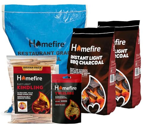 Homefire BBQ Bundle Deluxe - Restaurant Charcoal 12kg, Instant Light BBQ Charcoa 1kg (Pack of2), Mega Kindling 10L, Twizlers Natural Firelighters 300g - Complete Outdoor Grilling & BBQ Set