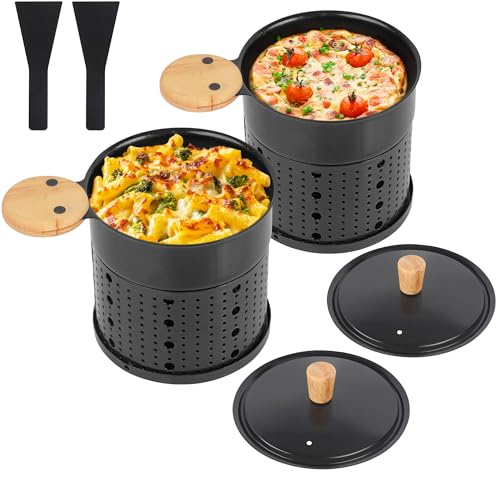 Juego 2 Mini Ollas Fondue Queso Portátiles con Tapa y Mango Madera | Fondue Portátil para Queso y Chocolate, Base para Velas (No Incluidas), Antiadherente