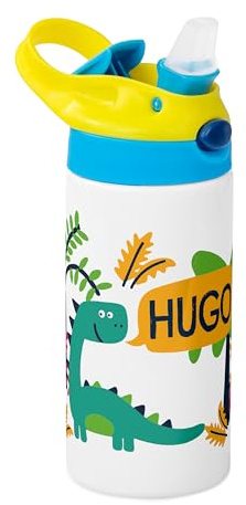 Made in Gift Botella Tricolor Infantil Personalizable con Nombre o Texto 400 ml de Acero Inoxidable como Regalo Original para Vuelta al Cole (Dinosaurio)