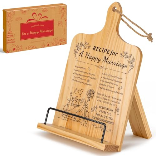PUERSI Cookbook Stand, Wedding Gift for Newlywed, Wooden Recipe Book Holder | Best Wedding Anniversary Gifts Ideas for Couples, Adjustable Cook Book Stand for Kitchen Counter