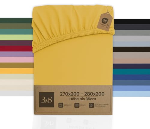 Bettwaesche-mit-Stil Familienbett Spannbettlaken Jersey Spannlaken Spannbetttuch (270x200-280x200 cm, Matratzenhöhe bis 35cm, Gelb) Gewicht: 180g/m², 90% Baumwolle 10% Elasthan