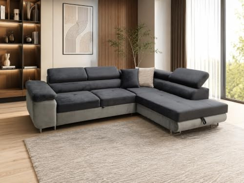 Sofa Aston 275x202x90 cm, Schlaffunktion, Dunkelgrau, Grau, Rechts | L-Form Ecksofa, Modern Couch mit Bettkasten, Weiches Sofa fürs Wohnzimmer, Schlafsofa, Eleganter Monolith Stoff