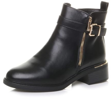 AJVANI Womens ladies flat low heel buckle gold zip smart casual ankle boots size