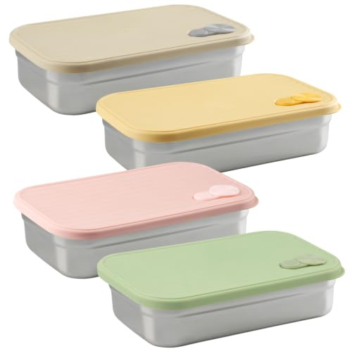 Hocadrv 4 Pcs Brotdosen Brotdose Edelstahl Klein Silikon Edelstahl Brotdose | Lunchbox Erwachsene Auslaufsichere Bento Box
