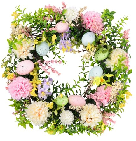 Spring Summer Wreath for Front Door, 45 CM Artificial Floral Wreaths with Green Leaves Easter Decorated Eggs for Porch Patio Garden, Indoor Outdoor door Wall Decor Party Holiday Decoration