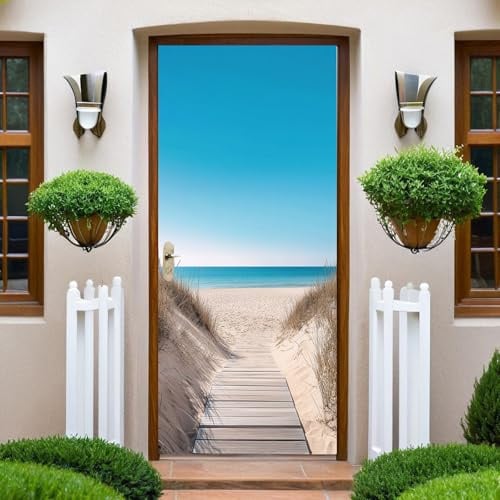 Bleu Sticker de Porte 83x204cm Sentier de la plage de bois Poster Porte Trompe L'oeil Auto-Adhésif PVC Papier Peint Imperméable Amovible DIY Murales Chambre Salon Cuisine Decor