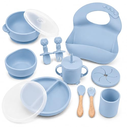 14 Piezas Vajilla Bebé Set de Alimentación Silicona BLW Antideslizante Azul
