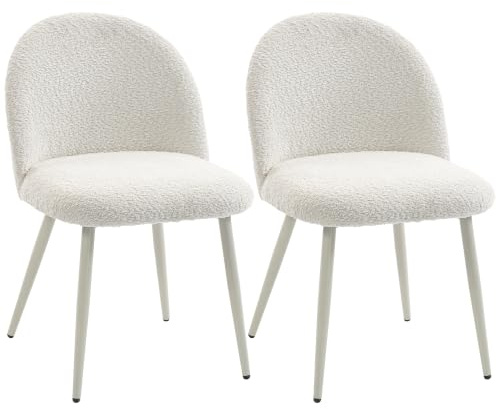 HOMCOM Esszimmerstühle 2er Set Küchenstuhl mit Rückenlehne Cremeweiß | Chenille-Optik, Skandi Polsterstuhl mit Metallbeinen, Schminkstuhl für Esstisch, Essstuhl für Wohnzimmer, Esszimmer