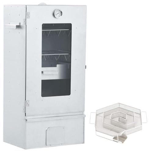 Räucherofen mit Kaltrauchgenerator aus Verzinktem Stahl, Multifunktionaler Smoker für Fleisch Fisch und Würste inklusive Thermometer und S-Haken, Kompaktes Gitter