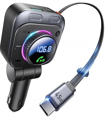 LENCENT 72W FM Transmitter Auto Bluetooth 5.4 mit ausziehbarem Ladekabel | Bluetooth Adapter Auto Zigarettenanzünder USB-C, Bass & Freisprecheinrichtung, Musik Adapter, 180° drehbar für iPhone 16/15