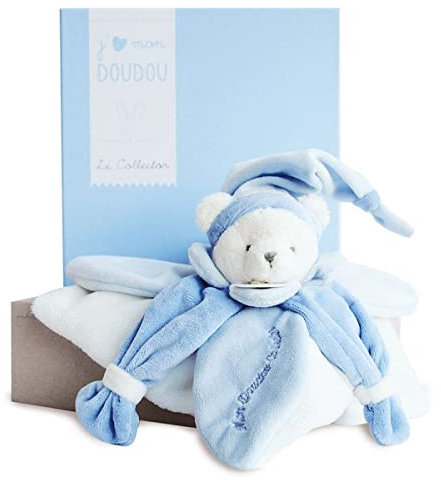 Doudou et Compagnie - Doudou Plat Ours Collector - Bleu - 24 cm - 3 Couleurs au Choix - Ourson avec Bonnet de Nuit - Avec Boite pour Cadeau Naissance Fille - Garantie Doudou Perdu - DC2921