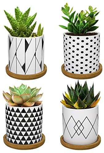 Lewondr Vasi da Fiori in Ceramica 4 Pezzi con Vassoio in Bamboo, Foro Centrale, Drenaggio Acqua, Dim 7,1x7,1x 6,4 cm, Accessori Giardino, Vasi per Piante,Balcone, Casa - Giometrica 02 Bianco Nero