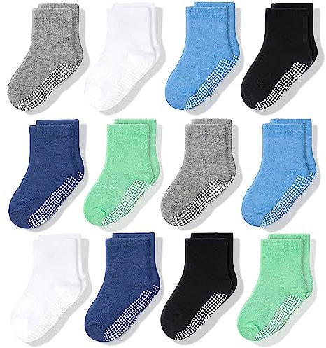 CozyWay Calcetines para niños pequeños de agarre sin deslizamiento, 12 paquetes para niños, negro/blanco/gris/Aqua azul/cielo azul/lima verde, 1-3 años