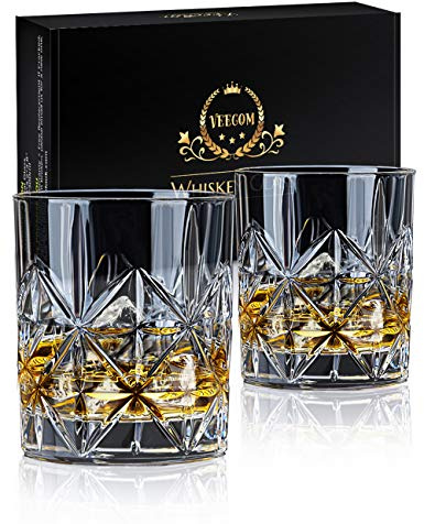 veecom Whiskey Glass Set of 2, 10 oz Crystal Whiskey Glasses Thick Bottom Bourbon Gifts for Men, Old Fashioned Rocks Glasses Tumbler for Scotch, Cocktail, Father's Day Gifts for Men (Glass Set 2)