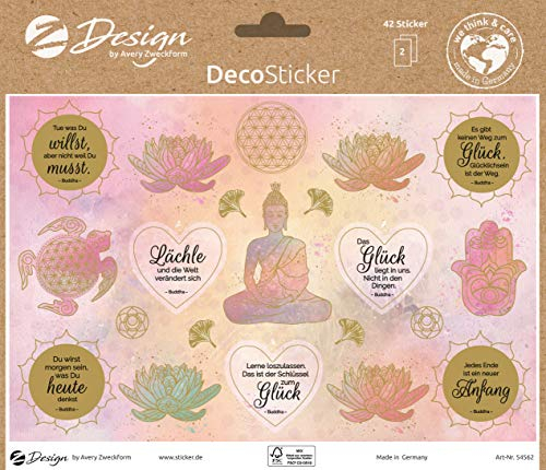 AVERY Zweckform Dekosticker 42 Aufkleber Buddha Lebensblume (Etiketten auf A5 Bogen, Klebeetiketten für Geschenke und Karten, Sprüche und Weisheiten, mit Goldeffekt) 54562