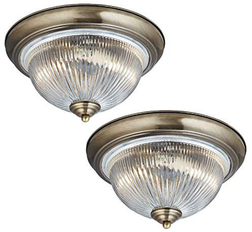 2 Pack - Antique Brass & Clear Ribbed Glass Bathroom Vintage Round Flush Ceiling Light 290mm | 2 x E14 SES Lamp Bulbs Required (Not Included) | IP44 Rated | Suitable for Outdoor Use