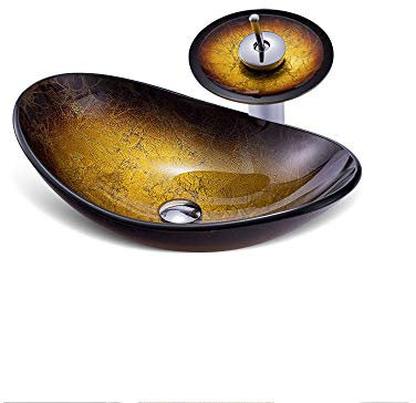 HomeLava Mini Design Gehärtetes Glas Waschbecken Aufsatz-Waschschale Klein Waschtisch mit Ablaufgarnitur und Wasserfall Wasserhahn 42cm