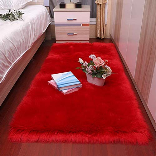 YIWOYI Schlafzimmerteppich, flauschiger Teppich und Tapete, weiches Schaffell-Teppich, Wohnzimmer, Schlafzimmer, weißer Kunstfell-Teppich (rot, 60 x 120 cm)