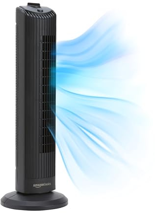 Amazon Basics 28 60-Degree Oscillating Tower Fan with Powerful Airflow for Bedroom, Living Room, Office, 3 Speeds, Mechanical Control, Air Circulator, 35W, 27.8H x 9.4D x 9.4W, Black