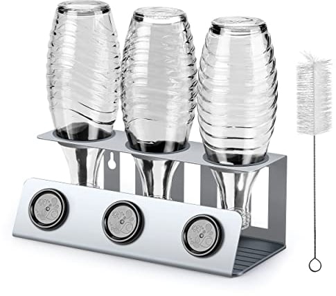 vinlley Flaschenhalter für Sodastream 3er Abtropfhalter mit Herausnehmbare Abtropfwanne und Deckelhalter, Abtropfständer für Sodastream Crystal und Emil Flaschen, Silber