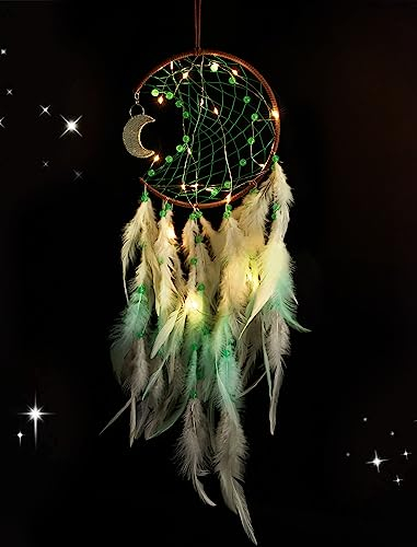Nice Dream Mond Traumfänger mit LED Licht, Handgemachte Dreamcatcher mit Federn, Maiden Zimmer Schlafzimmer Romantische Dekoration für Wandbehang Wohnkultur Ornamente Handwerk Grün
