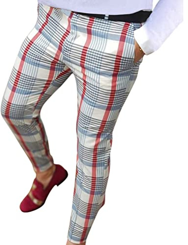 ORANDESIGNE Hommes Chino Pantalon à Carreaux Slim Fit Rayé Mode Casual Élastique Business Coupe Ajustée Décontracté Pantalon d'affaires