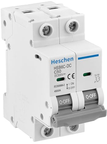 Heschen Disjoncteur miniature CC HSB6C-DC, 2 pôles, DC500 V 50 A, disjoncteur photovoltaïque, pour système solaire PV, système de grille de panneaux solaires, montage rail DIN 35 mm