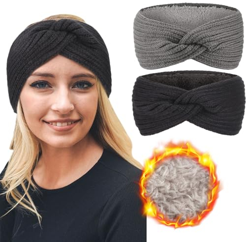 DRESHOW Women Warm Knitted Headband Winter Ear Warmer Crochet Head Wraps Thick Fleece Lining Hair Bands