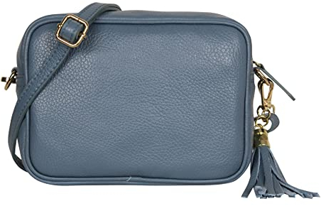 AMBRA Moda GLX8 - Damen Handtasche Umhängetasche Schultertasche Handytasche aus genarbtem Rindsleder (Graublau)