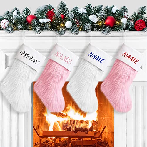 Deggodech Personalisierte Weihnachtsstrümpfe Rosa 2er Set Lange Kunstpelz Weihnachten Hängende Strümpfe mit weißer Leinenmanschette Rosa Plüsch Weihnachtsstrumpf für Weihnachten Kamin Dekoration