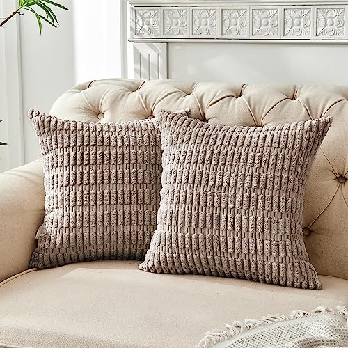FY FIBER HOUSE 2er Set gemütliche Gestreifter Kordsamt Kissenbezüge Kissenhülle, dekorative quadratische Zierkissenbezüge für Couch, Bett, Sofa, 45x45cm, Taupe