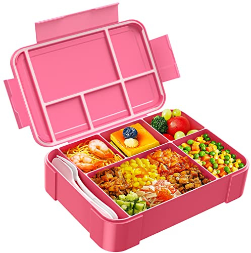 Jelife Kids Bento Box Lunch Box - 1450ml Leakproof 6 Compartments Bento Lunchbox Kids Lunch Boxes with Food Utensils for Back to School, Book-Style Lunch Snack Containers for Toddler Daycare, Pink
