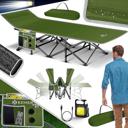 KESSER® Cama de Camping Plegable Resistente con Bolsa de Transporte, Bolsillo Lateral y Luz de Camping | 210x74x35cm hasta 250 kg Tubo de Metal | Tela Oxford 600D Portátil Cómoda | Verde