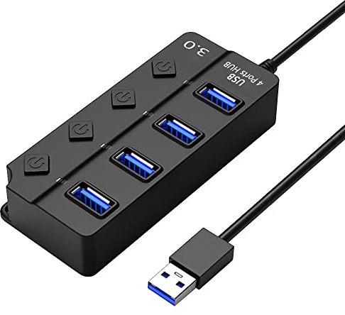 Concentrador USB, 4 puertos USB divisor con interruptores independientes, 4 adaptadores USB 3.0 para PC, con luz LED, múltiples puertos USB hembra para transferencia de datos rápida