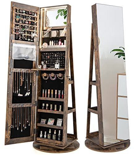 COSTWAY 360°Swivel Jewelry Cabinet, Lockable Jewelry Armoire Storage Unit with Full-Length Mirror & 3-Color Auto-on LED Lights, Home Bedroom Dressing Room Cosmetics Jewellery Organiser (Rustic Brown)
