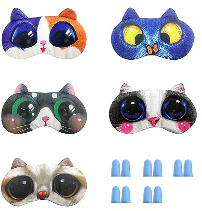 5 Masques Pour Les Yeux De Chat, 5 Paires De Bouchons D'Oreille En Éponge Bleue, Masques Pour Les Yeux Endormis De Dessin Animé Mignon, Masques Pour Les Yeux Unisexes Drôles Avec Sangles Réglables