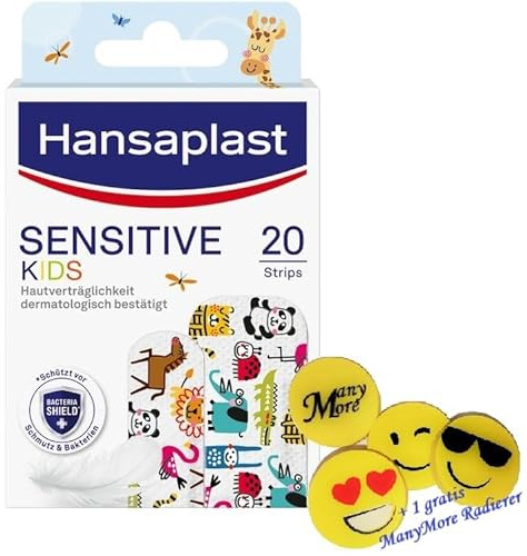 Hansa plast Sensitive Kids - 20 Pflaster Strips Wundverbände +gratis ManyMore Radierer