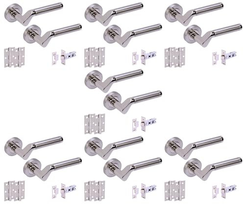 HANDLEZONE® 7 Sets Tucana Internal Door Handles on Rose Lever Latch Packs with Ball Bearing Hinges - Dual Polished/Satin Nickel