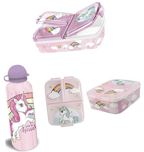 PELLECCHIA 1969 | Set Pranzo Scuola 2 Pezzi | Porta Merenda Scuola con 3 scomparti in Plastica BPA Free e Borraccia Alluminio da 500 ML (Unicorno)